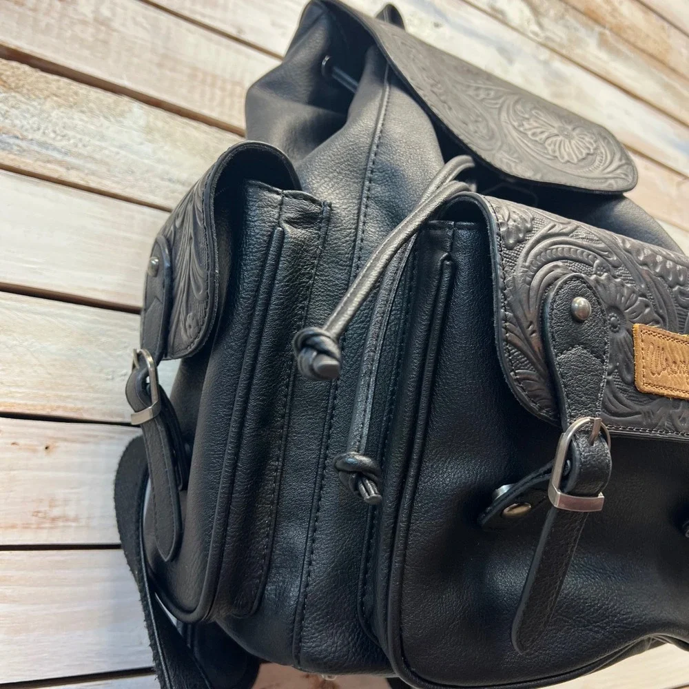 Wrangler Genuine Cowhide Tooled Floral Backpack Black Western Cowgirl Book Bag